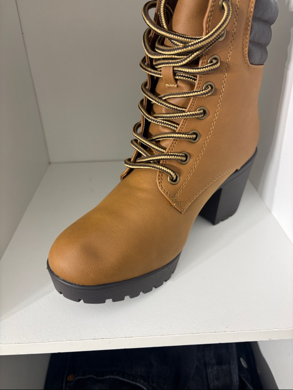 Forever Tan Lace-Up Chunky Heel Ankle Boots with Dark Brown Collar - Picture 6 of 8
